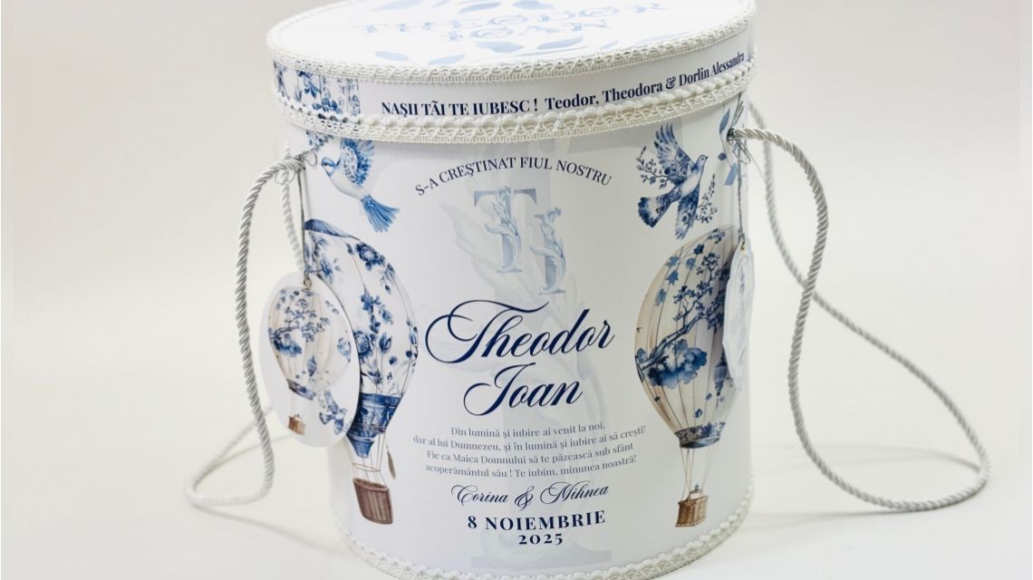 Trusou botez baietel Hot Air Balloon Blue Toile cu baloane de aer cald design elegant 36
